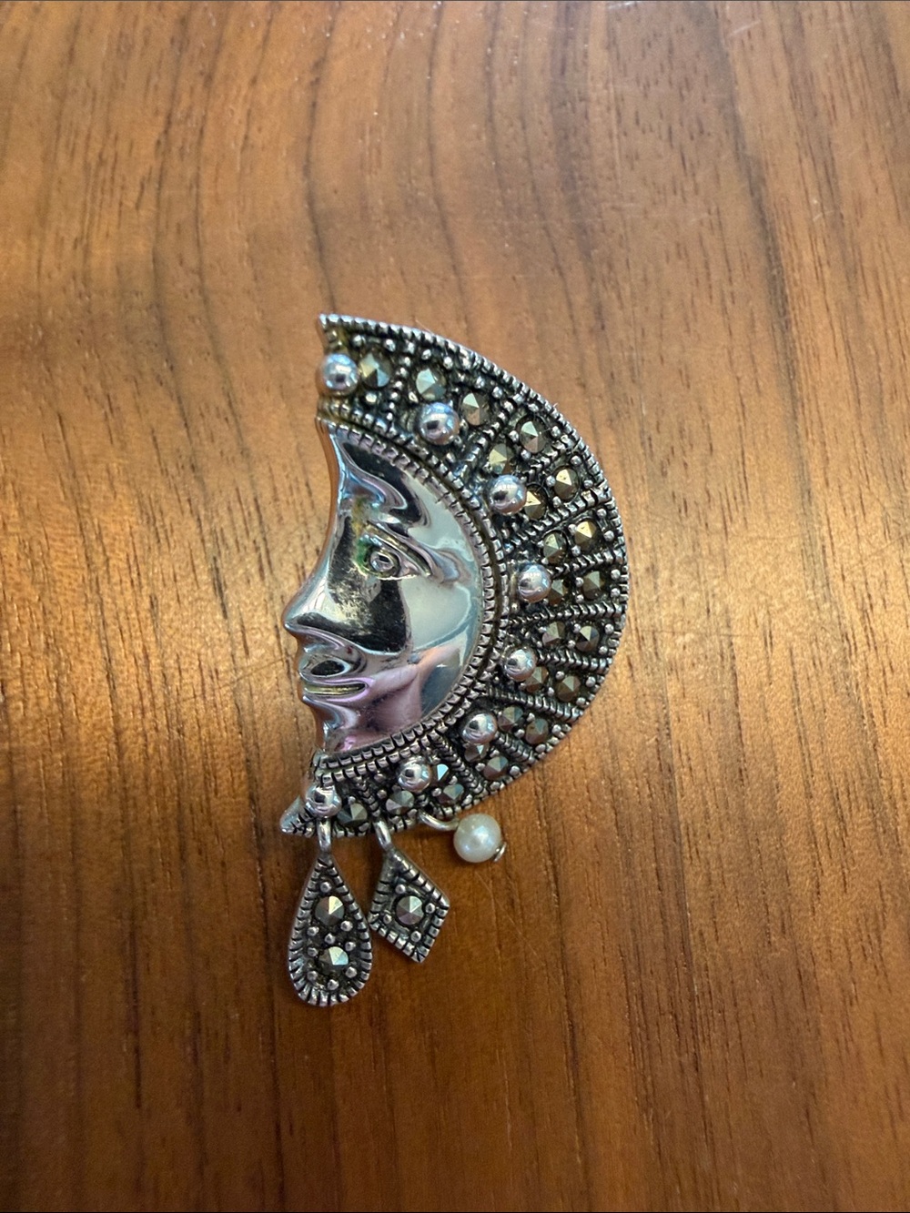 Celestial Vintage 925 Sterling Silver Marcasite Moon Face Dangle Earrings - Picture 4 of 6